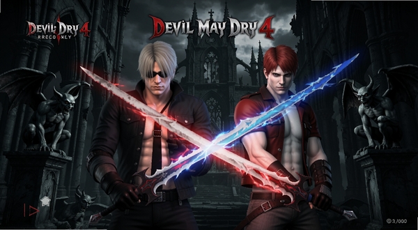 Devil May Cry 4 Recomp 游戏主界面但丁与尼禄同框,暗黑哥特城堡背景,红色与蓝色剑气交错,手机横屏UI布局,高清写实渲染风格,画面主体居中,背景为破败教堂与恶魔雕像