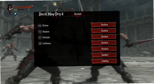 Devil May Cry 4 Recomp 设置菜单界面,展示分辨率、阴影、抗锯齿等图形选项,深色UI配红色高亮按钮,手机横屏截图风格,背景为模糊的恶魔战斗场景