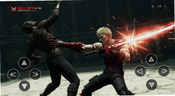 Devil May Cry 4 Recomp 血宫模式战斗画面,尼禄使用恶魔之手抓取敌人,红色皇后剑光爆发,暗色调竞技场,手机横屏操作按键半透明叠加