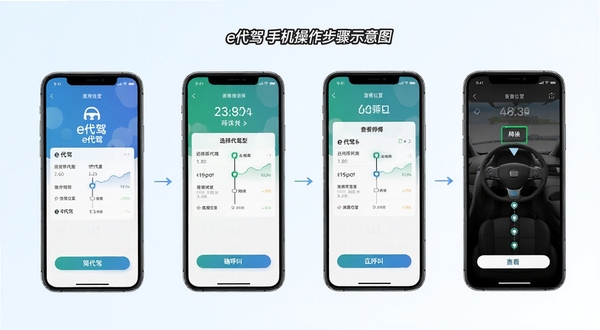 e代驾手机操作步骤示意图,画面展示一部手机从打开e代驾到选择代驾类型、确认呼叫、查看师傅位置的四个界面流程,界面干净清晰,背景为浅色渐变,突出操作简单易懂