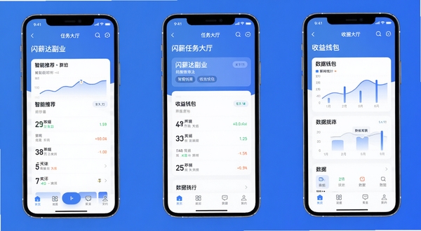 闪薪达副业 任务大厅界面 智能推荐标签 收益钱包 数据图表 扁平化设计 蓝色渐变背景 手机UI展示