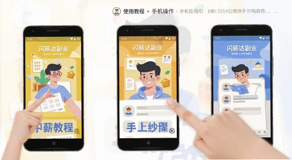 闪薪达副业 使用教程 手机操作步骤 界面指引 扁平插画风格 明亮色调 安卓手机 操作手势