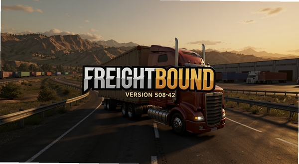 Freightbound��Ϸ������ȫ����ͼ��һ�����Ϳ�����ʻ�ڻƻ�ʱ�ֵĹ�·�ϣ������������ɽ������˲ֿ⣬����������ʾ��ϷLogo��汾�ţ�����ɫ����ůдʵ��ͻ��������������
