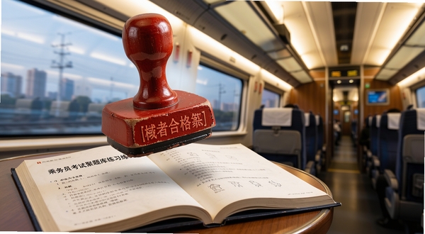 一颗巨大的考试合格印章悬浮在画面中央偏左位置,印章下方是一本翻开的乘务员考试聚题库练习册,背景右侧为高铁车厢内部走廊,暖色调灯光,写实风格,细节清晰,构图稳定