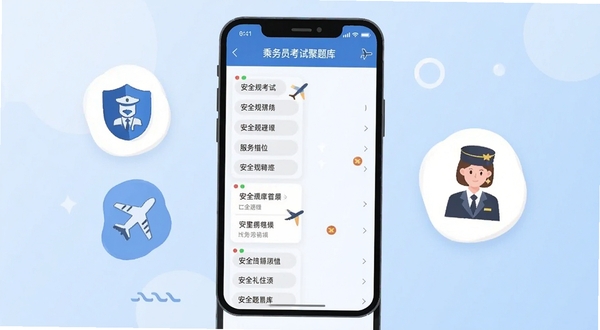 乘务员考试聚题库界面截图风格插画,画面中央为手机屏幕显示分类题库列表,左侧漂浮着安全规章图标,右侧漂浮着服务礼仪图标,背景为淡蓝色渐变,扁平化设计,干净清爽