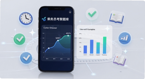 乘务员考试聚题库学习数据统计页面,手机屏幕显示正确率曲线图与柱状图,周围漂浮着时钟、对勾、书本等小图标,背景为浅灰色,科技感与学习氛围结合