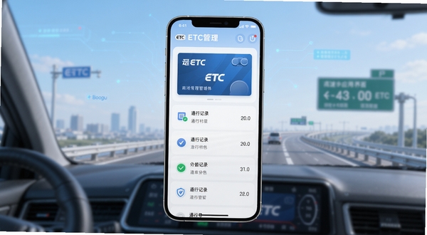 高速行ETC应用主界面展示图,画面中央为手机屏幕,屏幕内显示ETC卡片管理与通行记录列表,背景为浅蓝色渐变与高速公路元素,整体风格简洁科技感,适配Boogu模型生成