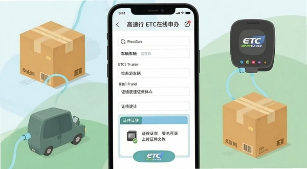 高速行ETC在线申办页面示意图,手机屏幕显示车辆信息填写表单与证件上传区域,背景有物流包裹与ETC设备元素,风格清新扁平化