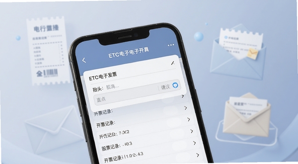 高速行ETC电子发票开具界面,手机屏幕显示发票抬头填写框与开票记录列表,背景有电子票据与信封图标,色调柔和商务