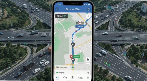 高速行ETC路况与网点导航界面,手机屏幕显示地图路线与附近网点标记,背景为高速公路与城市道路交汇的俯瞰图,风格写实清晰