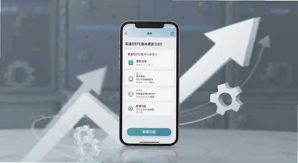 高速行ETC版本更新功能展示图,手机屏幕显示更新日志与新增功能界面,背景有上升箭头与齿轮图标,风格现代简洁