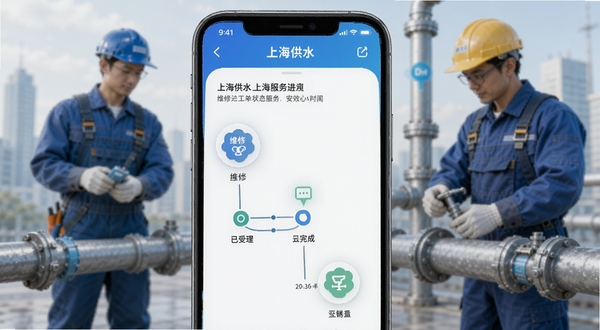 上海供水app报修进度追踪页面,手机屏幕显示维修工单状态时间轴,从已受理到已完成各节点清晰可见,背景有维修工人与水管元素,整体画面传达高效服务与安心感