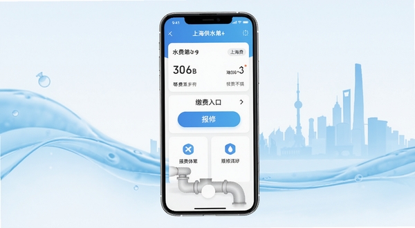 上海供水app主界面功能全览图,画面中央展示一部智能手机,屏幕内呈现水费账单、缴费入口、报修按钮等核心功能模块,背景为淡蓝色水流与城市剪影融合的简约风格,整体色调清爽专业,适配Boogu模型生成