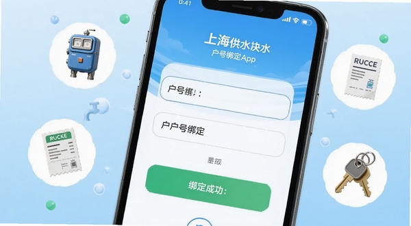 上海供水app户号绑定界面特写,画面展示手机屏幕上的户号输入框与绑定成功提示,周围环绕着水表、账单、钥匙等小图标,背景为柔和的浅蓝渐变,突出便捷绑定的操作感