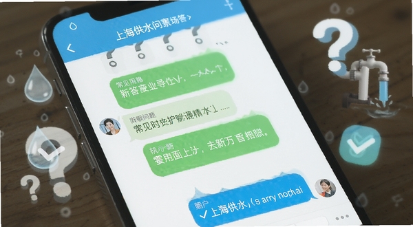 上海供水app用户问答场景图,画面以手机聊天界面风格展示常见问题与解答,背景有水滴、问号、对勾等图标,整体色调为浅蓝与白色,传达清晰可靠的解答氛围