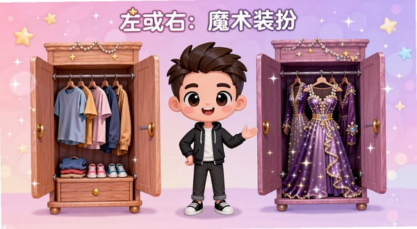 一款名为左或右:魔术装扮的手机应用界面,画面中央展示一个卡通人物站在左右两个衣橱之间,左侧衣橱是休闲风格,右侧衣橱是华丽礼服风格,背景是柔和的粉紫色渐变,带有闪烁的星星和光斑装饰,整体风格活泼可爱,适合作为软件宣传图
