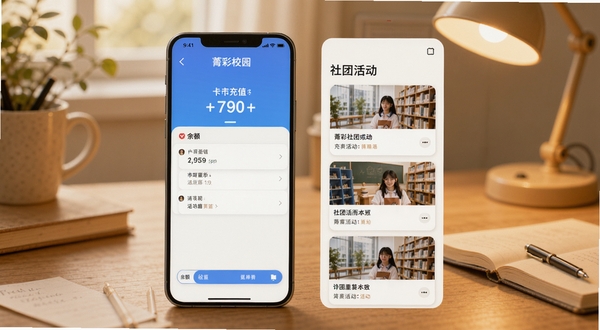 菁彩校园应用内一卡通充值页面与社团活动列表并排展示,手机界面显示余额数字与活动卡片,背景为柔和暖色调的书桌场景,画面温馨实用