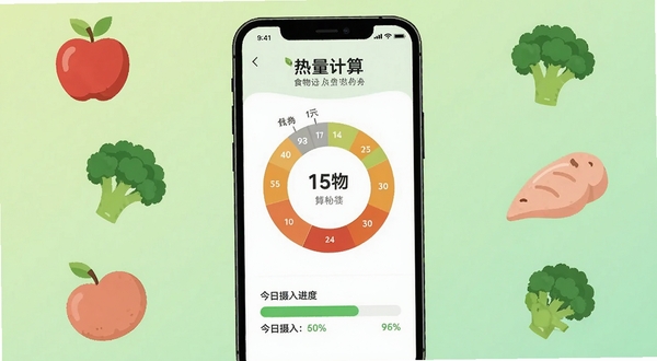 一款名为热量计算的手机应用界面展示,画面主体为手机屏幕居中放置,屏幕内显示食物热量环形图与今日摄入进度条,背景为浅绿色渐变,周围点缀苹果、西兰花、鸡胸肉等食材图标,整体风格清新扁平化,适合健康类软件宣传图