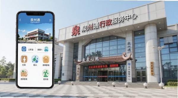 泉州通 便民服务页面 手机屏幕展示社保 公积金 违章查询等图标 背景为泉州行政服务中心大楼 简洁明亮