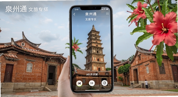泉州通 文旅专区页面 手机显示开元寺东西塔AR讲解界面 背景为泉州古城红砖厝与刺桐花 文化氛围浓厚
