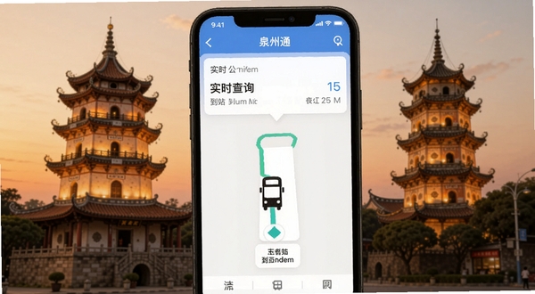 泉州通 实时公交查询界面 手机显示公交车位置与到站时间 背景为泉州钟楼与东西塔 傍晚暖光
