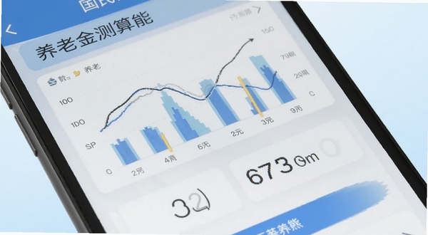国民养老 养老金测算功能界面 手机屏幕特写 显示数据图表与数字 背景为淡蓝色渐变 风格专业简洁
