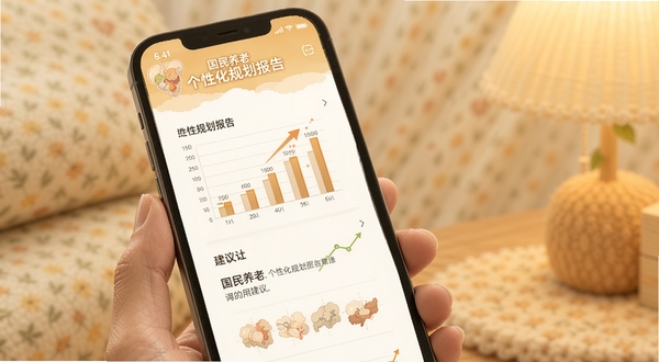 国民养老 个性化规划报告页面 手机屏幕显示图表与建议文字 背景为暖色调 风格温馨专业