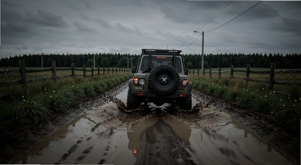 Rural Roads 乡村泥泞道路驾驶场景图,画面中一辆越野车正缓慢通过积水的泥坑,车轮溅起泥浆,背景是阴沉的天空和远处的树林,道路两侧有杂草和木栅栏,整体色调偏暗但细节清晰,用于展示软件的路况模拟功能