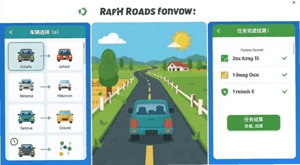 Rural Roads 软件功能展示图,画面分为三个区域,左侧展示车辆选择界面,中间展示乡村道路行驶画面,右侧展示任务完成结算界面,整体采用扁平化设计风格,色彩明亮,突出软件的多功能特性