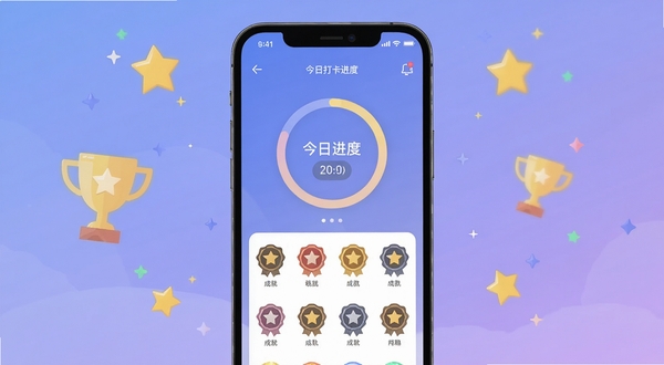 小小成就 应用主界面 手机屏幕中央显示今日打卡进度环与成就徽章列表 背景为柔和渐变蓝紫色 周围点缀星星和奖杯图标 扁平化设计风格 高清UI展示图