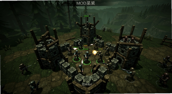 石木哨兵(MOD菜单)中文版的游戏战斗场景,画面主体位于中央区域,展示多个哨兵角色在石块与木材搭建的防御塔周围与敌人交战,背景区域为森林与山谷地形,整体色调偏暗绿与棕褐,突出策略塔防的战斗氛围