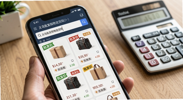 义乌批发购物进货网商品搜索与价格对比界面,画面主体为手机屏幕特写,显示搜索框输入关键词后弹出的商品列表,每项商品带有批发价标签和起批数量,背景区域为简洁的办公桌面与计算器,突出采购核算场景,AI生图风格清晰商务。