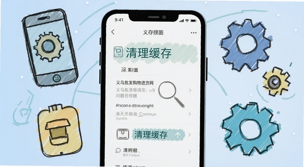 义乌批发购物进货网移动端操作界面与问题解决示意图,画面主体为手机屏幕显示清理缓存步骤,背景区域为手绘风格的手机设置图标与齿轮元素,整体色调清爽,突出实用教程氛围,AI生图风格扁平化。