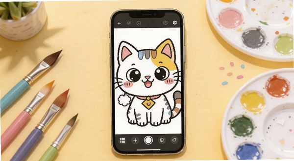 绘涂壁纸软件主界面展示,画面中央是一部智能手机,屏幕上呈现一幅正在填色的卡通猫咪线稿,色彩明快,周围散落着彩色画笔和调色盘,背景是温馨的浅黄色桌面,整体风格清新治愈,适配Boogu模型生成
