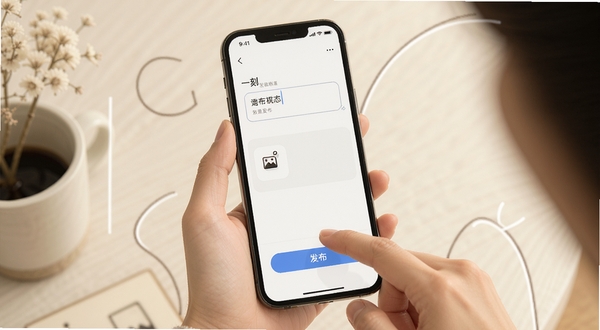 一刻 发布动态界面,画面中一只手正在点击手机屏幕上的发布按钮,屏幕内显示文字输入框和图片添加图标,背景为柔和米白色,周围有简洁的线条装饰,整体呈现轻松记录的氛围