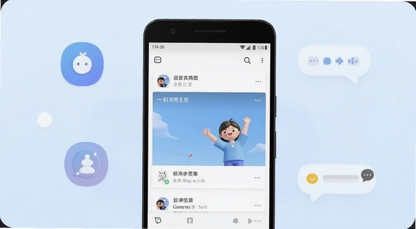 一刻 应用界面整体展示图,画面中央是一部竖屏安卓手机,屏幕内呈现一刻应用的主页信息流,背景为浅蓝色渐变,周围点缀圆形社交图标与消息气泡,整体风格简洁清新,适配Boogu模型生成