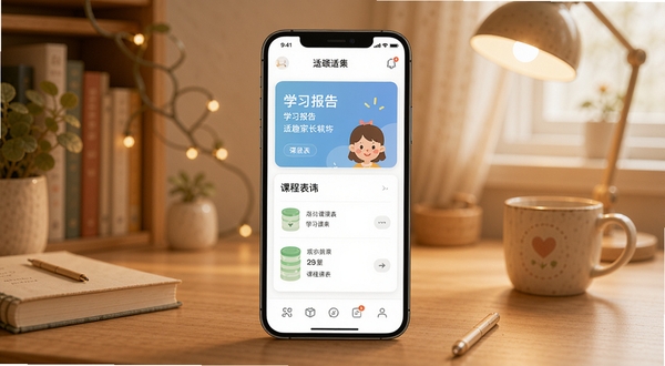 适趣家长端软件主界面展示,画面中央是手机屏幕呈现学习报告卡片与课程表布局,背景为温馨的居家书桌场景,柔和暖色调,简洁扁平化UI风格
