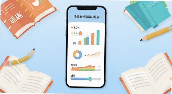 适趣家长端学习报告页面,手机屏幕显示彩色数据图表与进度条,周围环绕书本和铅笔元素,背景为淡蓝色渐变,扁平插画风格