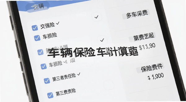 车辆保险车险计算多险种测算界面,手机屏幕展示交强险、车损险、第三者责任险等多个险种勾选列表,右侧显示对应保费金额,画面中心突出车辆保险车险计算软件名称,背景为白色与浅灰搭配,风格清新简洁