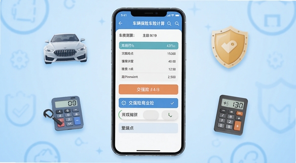 车辆保险车险计算软件主界面展示,画面中央是一部智能手机,屏幕显示车险保费测算表单和交强险商业险选项,背景为浅蓝色渐变,周围点缀汽车、盾牌、计算器等图标元素,整体风格简洁商务,适配Boogu模型生成