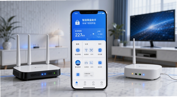 智连网盒助手 手机端管理界面展示,画面中央是手机屏幕显示软件主界面,背景为现代家居网络环境,路由器与网盒设备指示灯闪烁,整体风格科技简洁,蓝白配色,高清细节,适合软件下载站展示