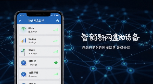 智连网盒助手 自动扫描附近网盒设备的界面截图,画面中手机屏幕显示多个设备列表,每个设备带有信号强度图标和连接状态标识,背景为抽象网络拓扑图,科技感十足,蓝色光效点缀,适合软件功能介绍配图