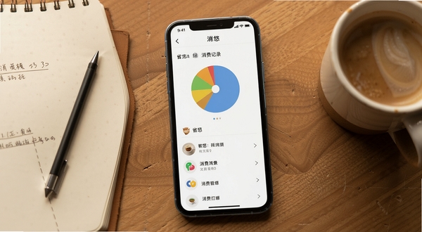 省悠 消费记录界面 手机屏幕显示饼状图和列表 背景为木质桌面 有笔记本和咖啡杯 温馨生活气息 Boogu模型生成