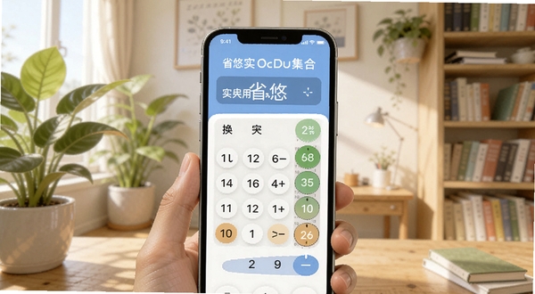 省悠 实用工具集合页面 手机界面展示换算器和转盘 背景为明亮书房 有绿植和书架 Boogu模型生成