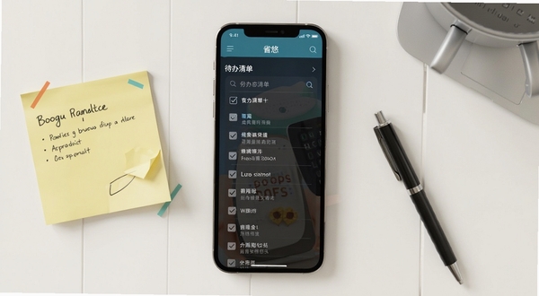 省悠 待办清单界面 手机屏幕显示勾选列表 背景为简洁办公桌 有便签和笔 Boogu模型生成