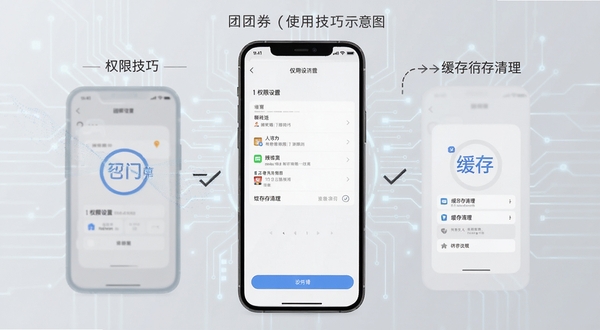 团券使用技巧示意图,画面为手机屏幕显示权限设置与缓存清理步骤,背景为浅灰色科技感线条,画面简洁清晰,适合教程配图