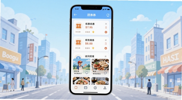 团券应用主界面展示,画面中央为手机屏幕正视图,屏幕内呈现优惠券列表与附近门店卡片,背景为浅蓝渐变城市街景插画,整体风格简洁明快,适配Boogu模型生成