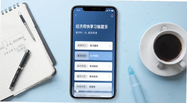 经济师快题库手机端首页展示,画面中央为手机屏幕显示题库科目选择界面,背景区域为浅蓝色渐变书桌场景,周围点缀笔记本和咖啡杯,整体风格简洁商务,适配教育学习类软件宣传图