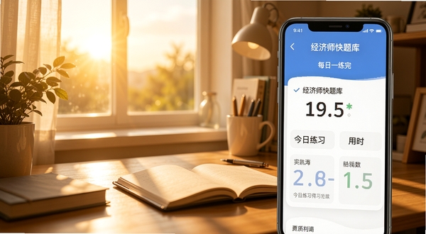 经济师快题库每日一练完成页面,手机屏幕显示今日练习得分和用时,背景为清晨窗边书桌场景,阳光洒在桌面上,整体色调温暖明亮,体现学习成就感