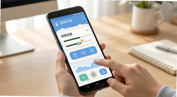 蓝娃乐探手机端操作示意图,画面展示一部安卓手机正在运行蓝娃乐探,屏幕显示探索进度和功能按钮,手指轻触屏幕的瞬间被捕捉,背景为简洁的室内桌面环境,光线柔和,突出操作便捷性
